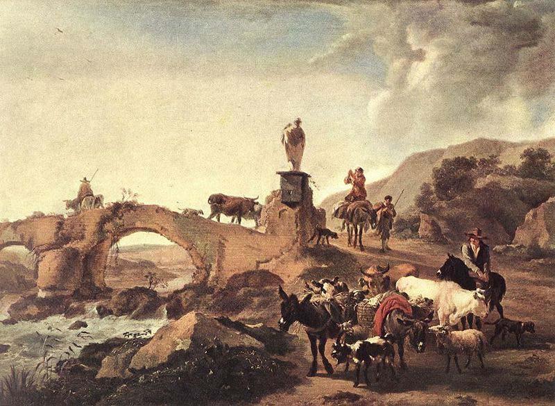 Nicolaes Pietersz. Berchem Italian Landscape with a Small Bridge oil painting image